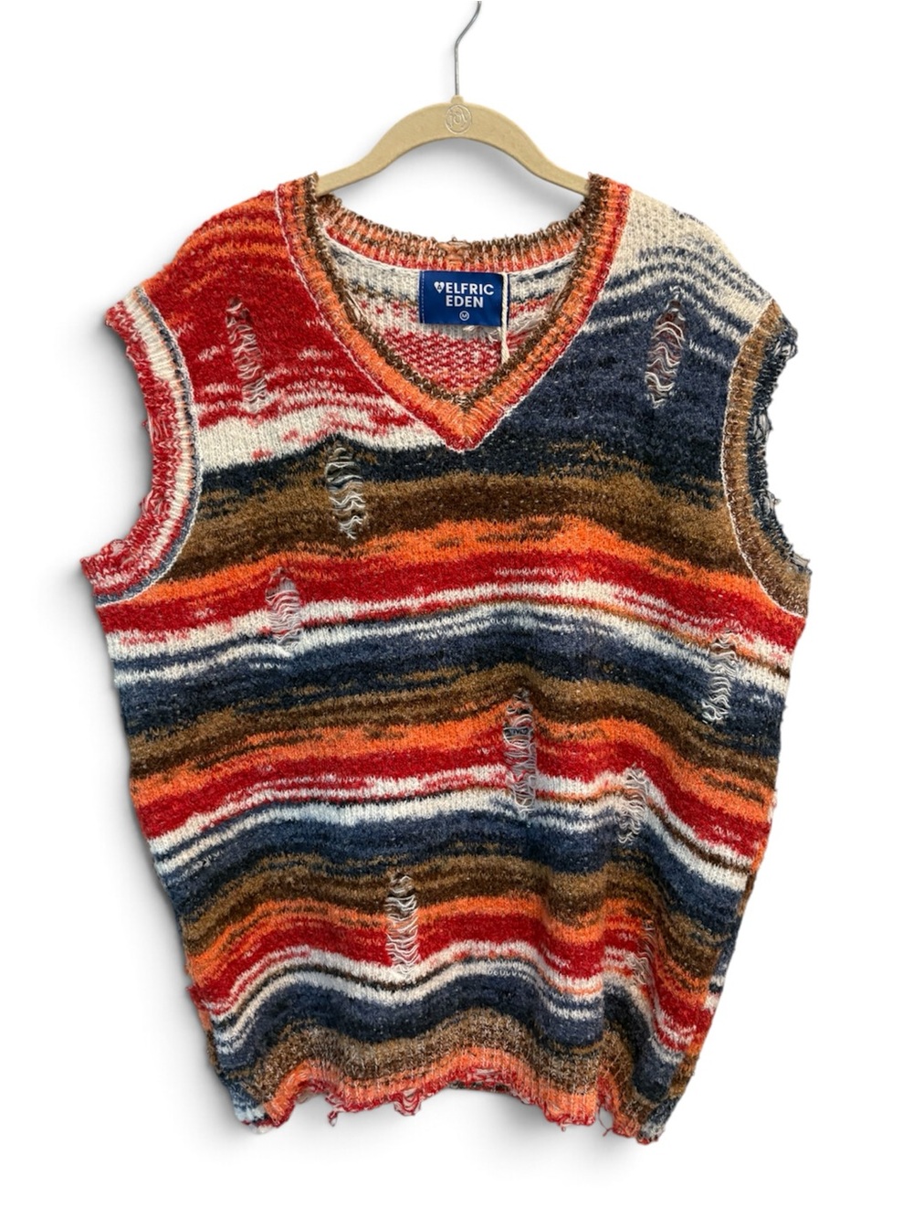 Aelfric Eden M Distressed Striped Sweater Vest striped knit street wear men’s